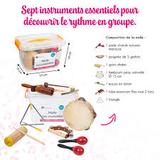 MALLE 71483 FUZEAU LES ESSENTIELS 7 instrumentd 1 tambourin peau naturelle Ø 15 cm, 1 paire d&rsquo;oeufs sonores maracas, 1 triangle, 1 poignée de 5 grelots, 1 kazoo en laiton, 1 tube résonant Pao rose 2 tons, 1 guiro shaker.